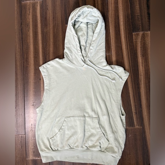Sz S Sleeveless Light Green Sage Hoodie Pocket Drawstring Elastic Waistband Y2K - Picture 2 of 9